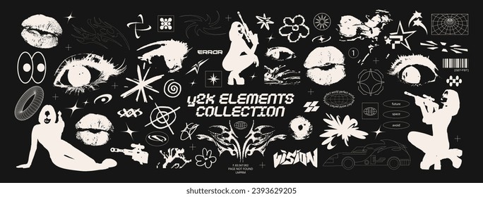 Cyberpunk grunge y2k shape design elements.  futuristic collection of abstract graphic retro geometric symbols and objects in 2000 style. Templates for notes, posters, banners, stickers, business card