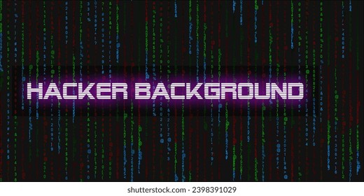 Cyberpunk hacker backdrop with various multi-colored symbols and  digits on a black background. Futuristic vector illustration.