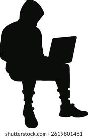 Cyberpunk Hacker Sitting with Laptop Silhouette |Hacker Black and White Vector Image