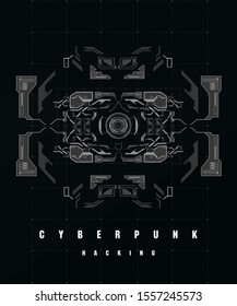 Cyberpunk Hacking futuristic poster with futuristic HUD elements, abstract background. Modern flyer for web and print. Hacking, cyber space, programming.