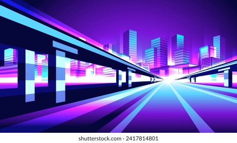 Cyberpunk highway to the night modern city. Futuristic neon straight road horizontal illustration.