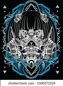 cyberpunk horror anime girl robot tshirt design