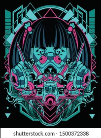 cyberpunk horror anime girl robot tshirt design