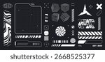 Cyberpunk HUD design elements in white on black - futuristic interface kit with grid wireframes, geometric shapes, digital patterns and tech symbols. Sci fi UI components. Data bars for game screens.