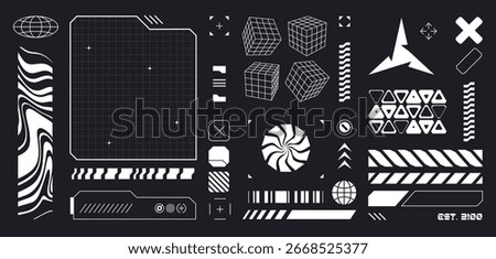Cyberpunk HUD design elements in white on black - futuristic interface kit with grid wireframes, geometric shapes, digital patterns and tech symbols. Sci fi UI components. Data bars for game screens.