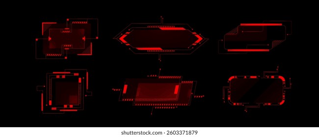 Cyberpunk hud frames in red neon glow, futuristic style for tech interfaces. Geometric vector shapes and lines in border elements for sci fi game ui design. Digital abstract frames with modern vibe.