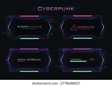 Cyberpunk HUD hexagon panel set with neon glitch and sci-fi cable wire frame
