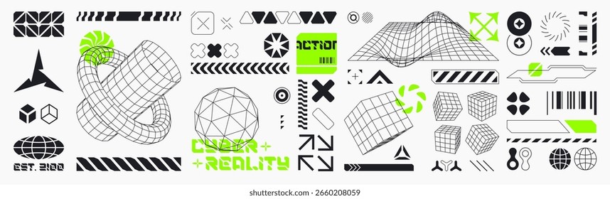 Cyberpunk hud interface elements - futuristic black wireframe graphics with neon green geometric shapes, grid patterns, arrows, 3d cubes, globe icons for sci fi game ui or digital display design.