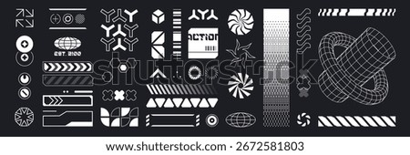 Cyberpunk hud interface elements - futuristic interface kit, white wireframe graphics with geometric shapes, digital patterns and tech symbols, globe icon for sci fi game ui or digital display design.