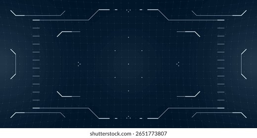 Sobreposição de HUD Cyberpunk na paleta de techno com radar e interface de mira brilhantes. Visualização de câmera digital em camadas com exibição de retículo e grade de sistema de planta.