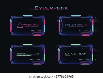 Cyberpunk HUD panel set with neon frame and sci-fi cable wire effect