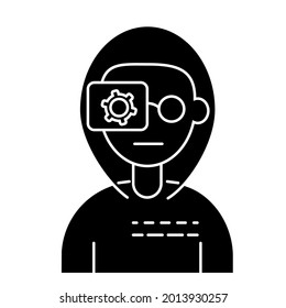 Cyberpunk human with camera eye glyph icon. Bio-robot gadgets. Science fiction, game, confrontation between humans and robots. Black symbol. Isolated vector stock illustration