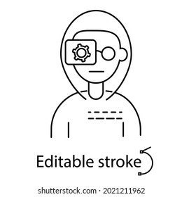 Cyberpunk human with camera eye outline icon. Bio-robot gadgets. Customizable linear contour symbol. Editable stroke. Isolated vector stock illustration