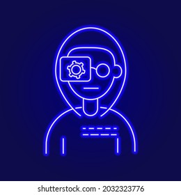 Cyberpunk human with camera eye outline icon. Bio-robot gadgets. Blue neon linear purple contour symbol. Isolated vector stock illustration