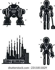 Cyberpunk Icons Collection: Futuristic Symbols on White Background Mechanical