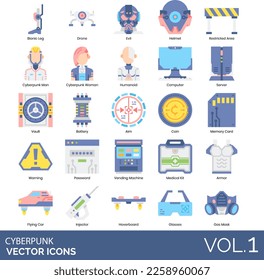 Cyberpunk Icons including Aim, Armor, Artificial Intelligence, Augmented, Reality, Battery, Binary, Code, Biometrics, Bionic, Hand, Leg, Body, Modification, Brain, CCTV, Camera, City, Coin, Computer