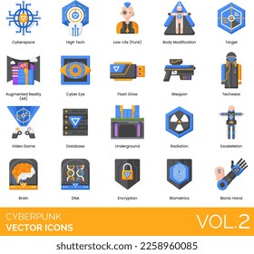 Cyberpunk Icons including Aim, Armor, Artificial Intelligence, Augmented, Reality, Battery, Binary, Code, Biometrics, Bionic, Hand, Leg, Body, Modification, Brain, CCTV, Camera, City, Coin, Computer