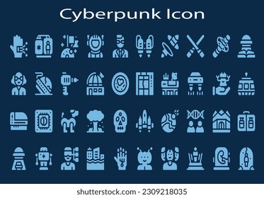Cyberpunk icons set. Exoskeleton and high tech technology.Unique thin line icons set of future world dystopia, nuclear disaster. Premium quality outline symbol collection. Modern linear pictogram pack