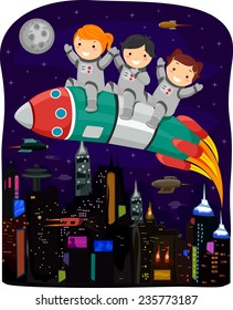 Cyberpunk Illustration of Kids in Spacesuits Riding a Space Rocket