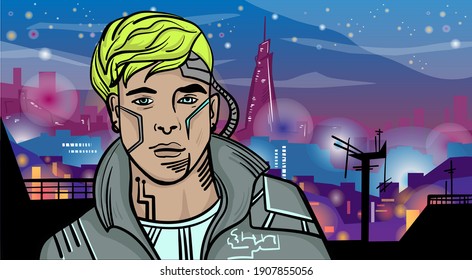 Cyberpunk inspired technological cartoon illustration of abstract android, human, cyborg guy, the concept of artificial life. Futuristic style man. Hand-drawn vector illustration.