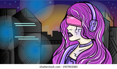 Cyberpunk inspired technological cartoon illustration of abstract android, human, cyborg woman, the concept of artificial life. Beautiful young woman, futuristic style. Hand-drawn vector illustration.