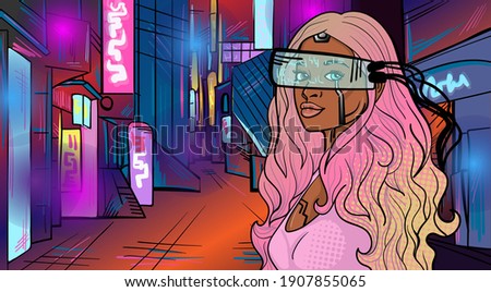 Cyberpunk inspired technological cartoon illustration of abstract android, human, cyborg woman, the concept of artificial life. Beautiful young woman, futuristic style. Hand-drawn vector illustration.