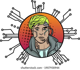 Cyberpunk inspired technological cartoon sticker of abstract android guy, human, cyborg man, the concept of artificial life. Print for t-shirt, sticker etc. Hand-drawn vector illustration.