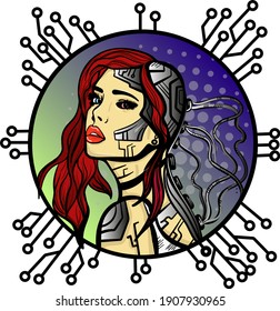 Cyberpunk inspired technological cartoon sticker of abstract android, human, cyborg woman, the concept of artificial life. Print for t-shirt, sticker etc. Hand-drawn vector illustration.