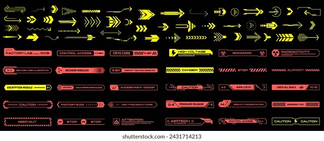 Elementos de la interfaz Cyberpunk, flechas y botones. Llamadas y títulos.