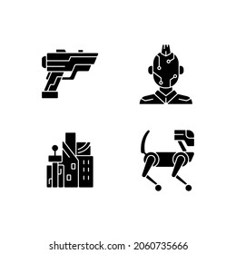 Cyberpunk Items Black Glyph Icons Set On White Space. Laser Gun. Face Microcircuit. Cyberpunk City. Animal Robot. Sci Fi Game. Futuristic Technology. Silhouette Symbols. Vector Isolated Illustration