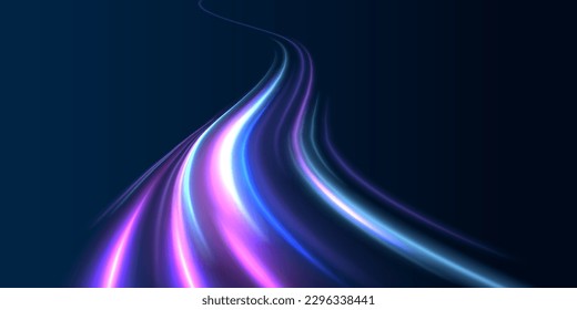 Cyberpunk light trails in motion or light, light motion trails. abstract speed movement pattern with shiny glowing blurred line shape, gradient color.