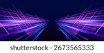Cyberpunk light trails in motion or light slow shutter effect. Acceleration speed motion on night road. Bright sparkling background. Panoramic high speed technology concept, light abstract background.