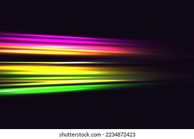 Cyberpunk light trails in motion or light slow shutter effect. Vector image of colorful light trails with motion blur effect, long time exposure. Isolated on background