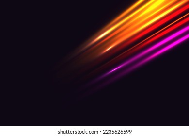 Cyberpunk light trails in motion or light slow shutter effect. Vector image of colorful light trails with motion blur effect, long time exposure. Isolated on background