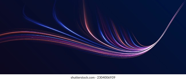 Cyberpunk light trails in motion or light slow shutter effect. Acceleration speed motion on night road. Bright sparkling background. Panoramic high speed technology concept, light abstract background.