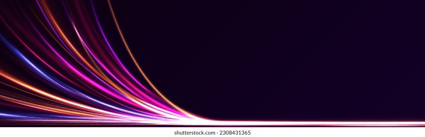 Cyberpunk light trails in motion or light slow shutter effect. Acceleration speed motion on night road. Bright sparkling background. Panoramic high speed technology concept, light abstract background.