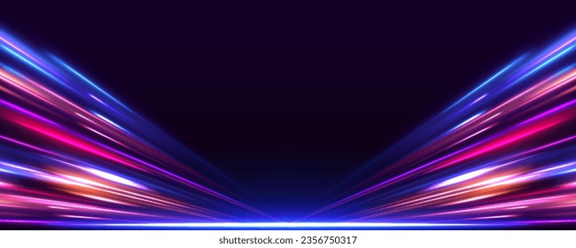 Cyberpunk light trails in motion or light slow shutter effect. Acceleration speed motion on night road. Bright sparkling background. Panoramic high speed technology concept, light abstract background.