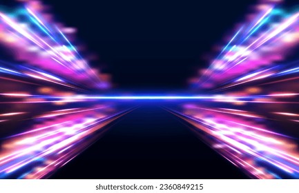 Cyberpunk light trails in motion or light slow shutter effect. Acceleration speed motion on night road. Bright sparkling background. Panoramic high speed technology concept, light abstract background.