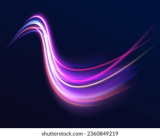 La luz del ciberpunk se desplaza en movimiento o con efecto de obturador lento. Aceleración del movimiento en el camino nocturno. Fondo brillante brillante.	