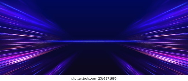 Cyberpunk light trails in motion or light slow shutter effect. Acceleration speed motion on night road. Bright sparkling background. Panoramic high speed technology concept, light abstract background.