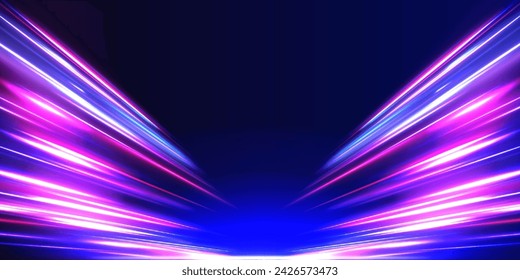 Cyberpunk light trails in motion or light slow shutter effect. Acceleration speed motion on night road. Bright sparkling background. Panoramic high speed technology concept, light abstract background.