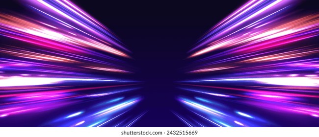 Cyberpunk light trails in motion or light slow shutter effect. Acceleration speed motion on night road. Bright sparkling background. Panoramic high speed technology concept, light abstract background.