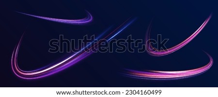 Cyberpunk light trails in motion or light slow shutter effect. Acceleration speed motion on night road. Bright sparkling background. Panoramic high speed technology concept, light abstract background.