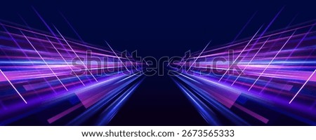 Cyberpunk light trails in motion or light slow shutter effect. Acceleration speed motion on night road. Bright sparkling background. Panoramic high speed technology concept, light abstract background.