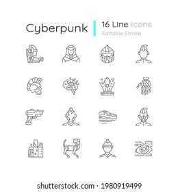 Cyberpunk linear icons set. Science fiction. Futuristic technology. Body augmentation. Customizable thin line contour symbols. Isolated vector outline illustrations. Editable stroke