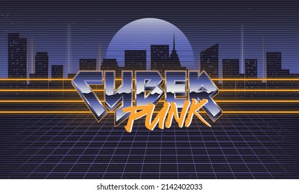 Cyberpunk logo. Retro 80's background template. Retro sunset with cityscape and laser grid. 1980's trendy design. Template for banner, poster. Retrowave print for t-shirt, tee. Vector illustration