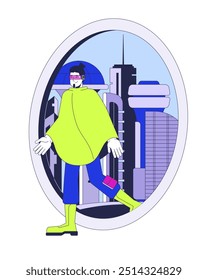 Cyberpunk man futuristic teleportation cartoon flat illustration. Sci fi citizen walking out portal door 2D character isolated on white background. Future technology teleport scene vector color image