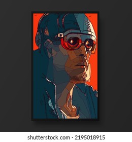 Cyberpunk man portrait.The concept of virtual reality. Man fashion concept, minimalistic style. Trendy modern illustration for poster, banner, cover.
