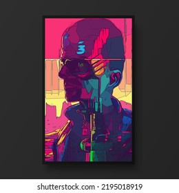 Cyberpunk man portrait.The concept of virtual reality. Man fashion concept, minimalistic style. Trendy modern illustration for poster, banner, cover.