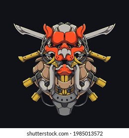 Cyberpunk Mecha Ninja Lion Swordsman Illustration. Steel Lion Head Design for Clothes and Hooded